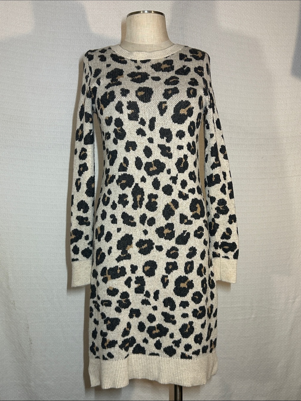 LOFT Leopard Print Long Sleeve Sweater Dress - Cream, Black, Tan